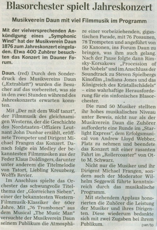 Musikverein Daun, Trierischer Volksfreund vom 20.04.2010